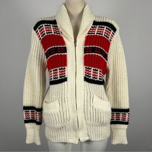 ❤️ Vintage Classic Curling Cream and Red Men's Zip-Up Sweater Size S-M